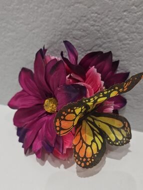 Purple Pink Flower Hair Clip with Orange Butterfly